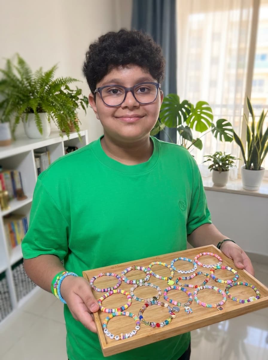 Hamdan holding a tray of his handmade bracelets