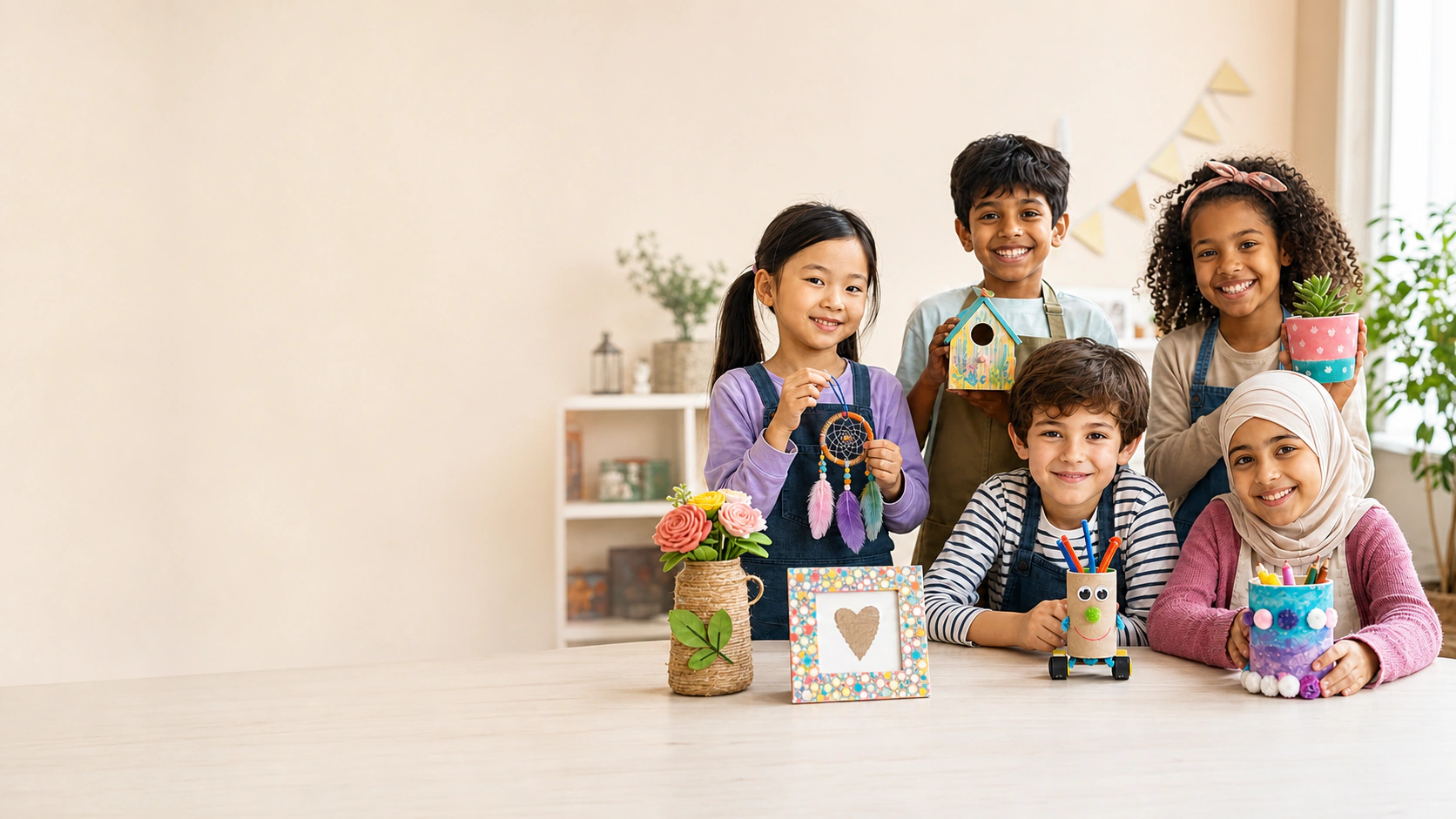 A group of young makers proudly sharing their handmade creations